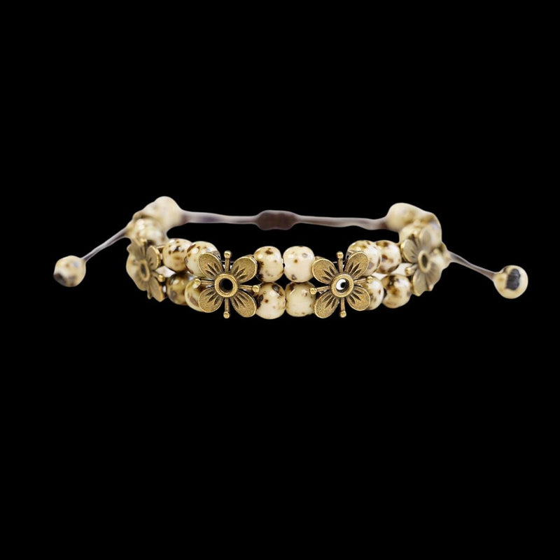 Ceramic Bead Flower Bracelets, Adjustable Boho Bracelets with Antique Gold Floral Charms