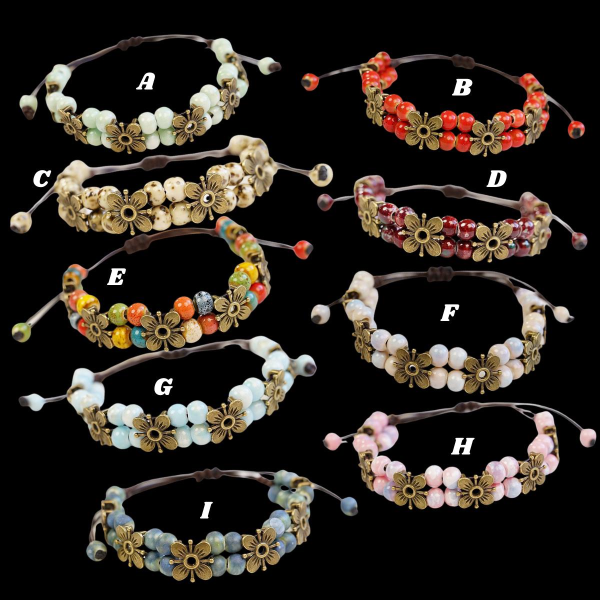 Ceramic Bead Flower Bracelets, Adjustable Boho Bracelets with Antique Gold Floral Charms