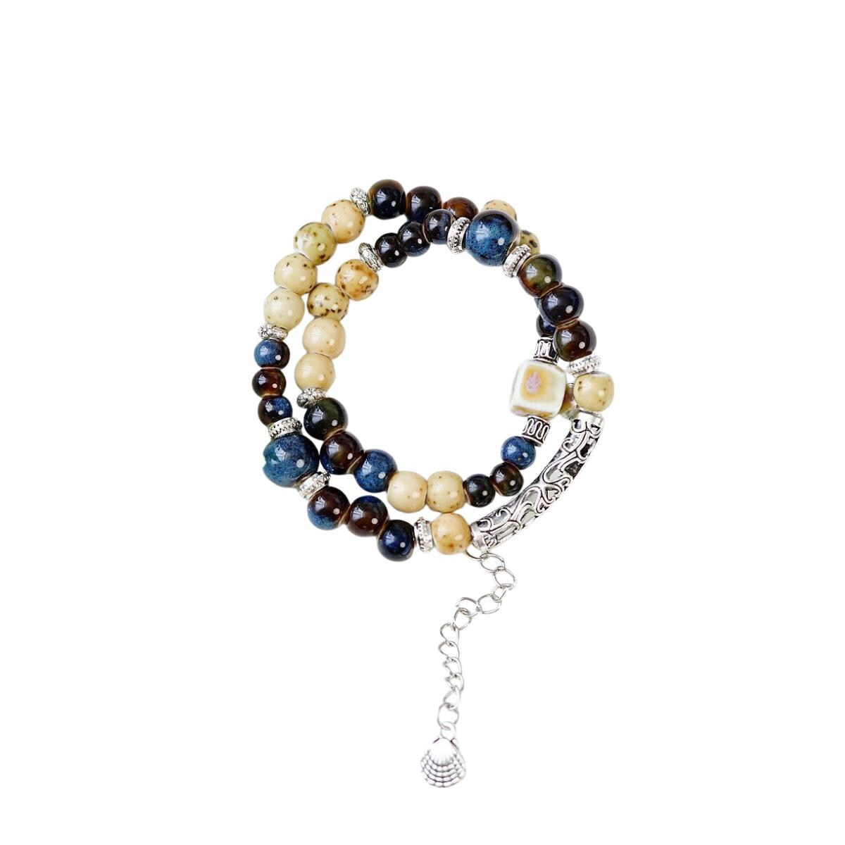 Ceramic Bead Flower Bracelets, Adjustable Boho Bracelets with Antique Gold Floral Charms