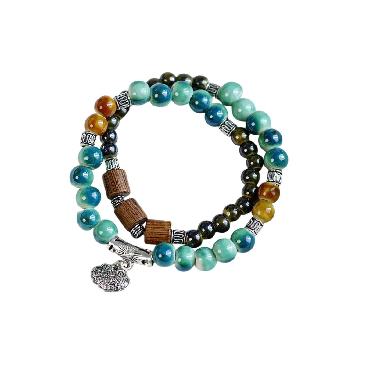 Ceramic Bead Flower Bracelets, Adjustable Boho Bracelets with Antique Gold Floral Charms