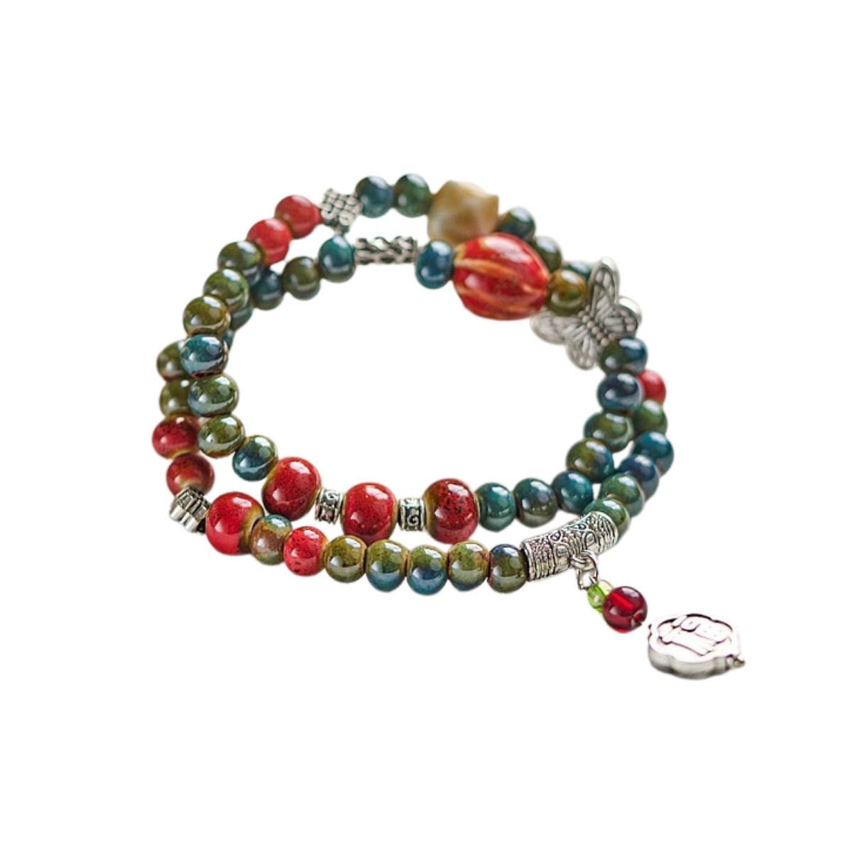 Ceramic Bead Flower Bracelets, Adjustable Boho Bracelets with Antique Gold Floral Charms