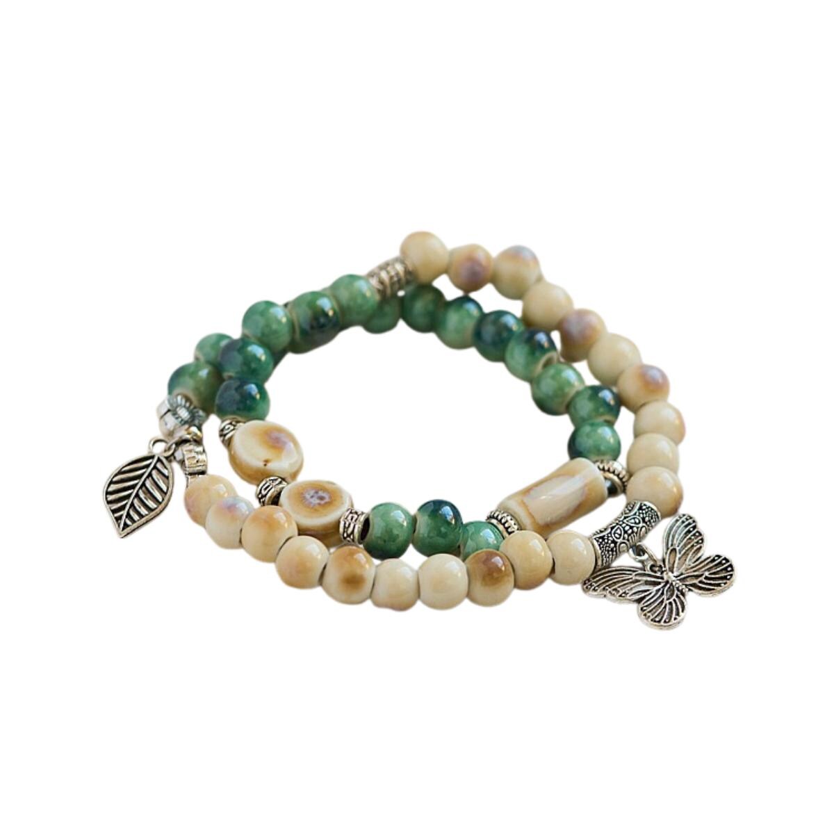 Ceramic Bead Flower Bracelets, Adjustable Boho Bracelets with Antique Gold Floral Charms
