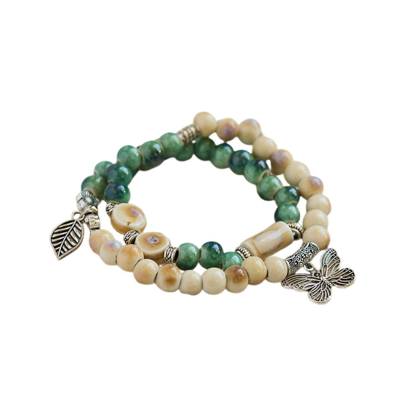 Ceramic Bead Flower Bracelets, Adjustable Boho Bracelets with Antique Gold Floral Charms
