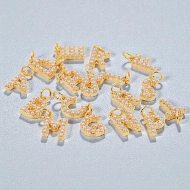 Gold Plated Pearl Alphabet Charm | Initial Letter Pendant | Pearl CZ Monogram Charm