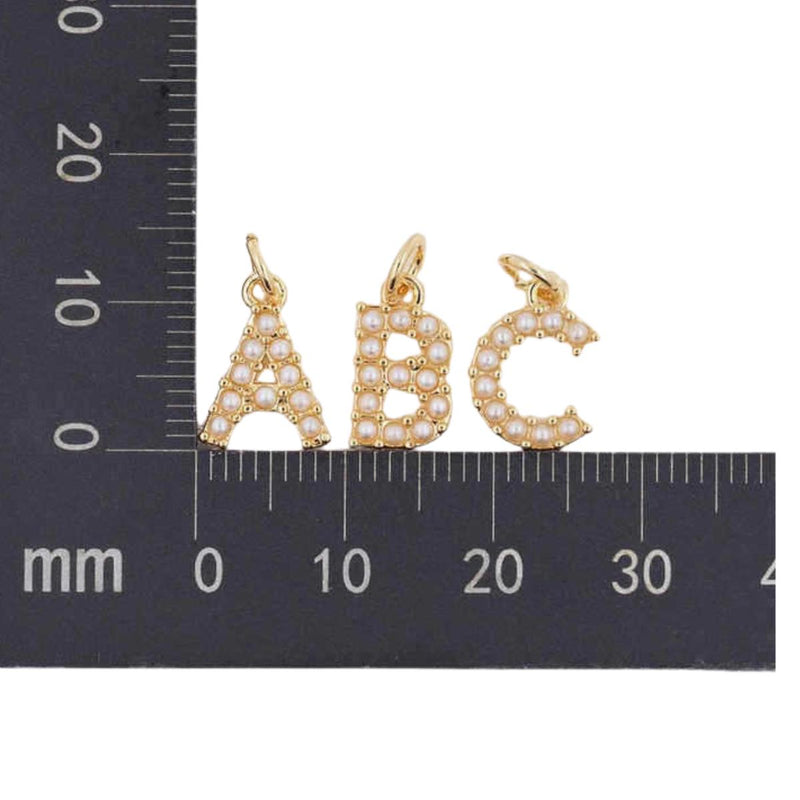 Gold Plated Pearl Alphabet Charm | Initial Letter Pendant | Pearl CZ Monogram Charm