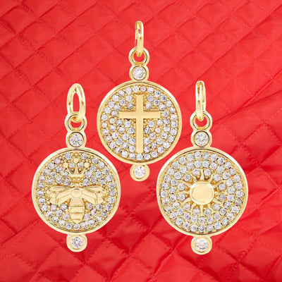 Gold Plated CZ Religious Charm | Cross Bee Sun Medallion Pendant | Sparkling Round Necklace Charm