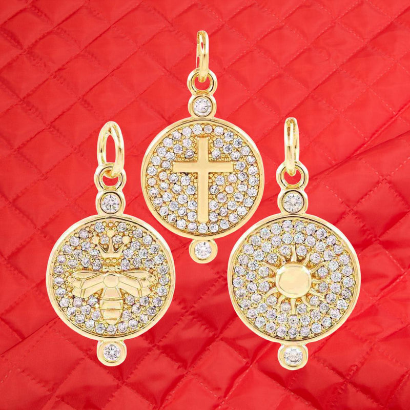 Gold Plated CZ Religious Charm | Cross Bee Sun Medallion Pendant | Sparkling Round Necklace Charm