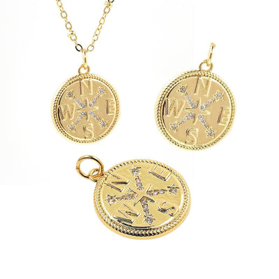 Compass Charm | CZ Compass Medallion Pendant | Direction Necklace Charm Gold Plated