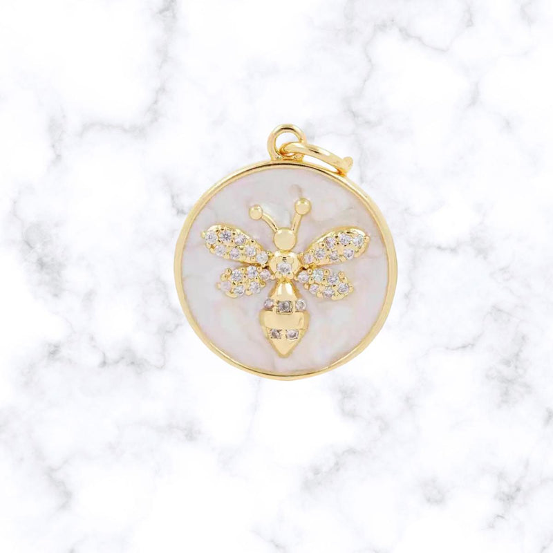 Bee Charm | CZ Bee Medallion Pendant | Shell Enamel Round Charm, Gold Plated