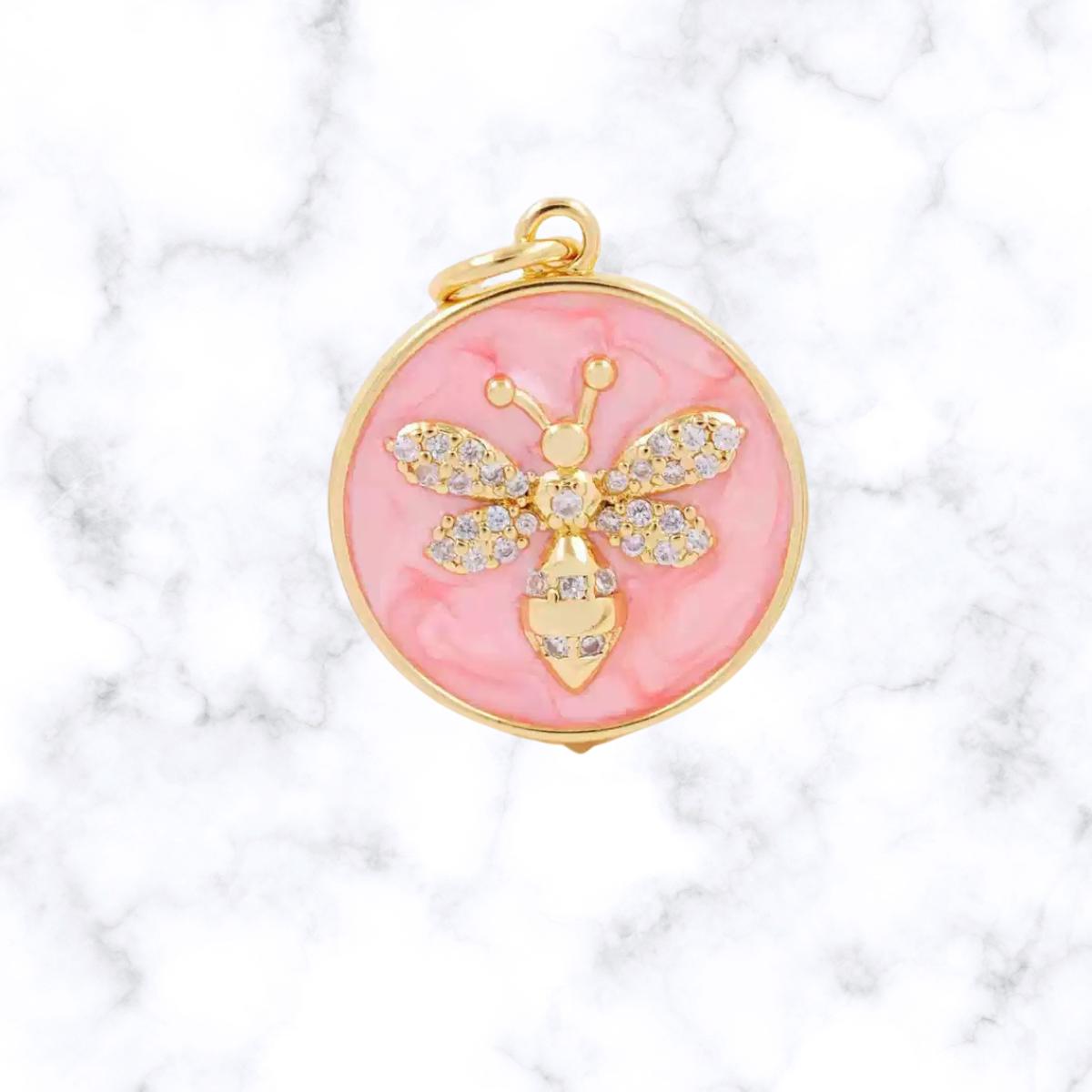 Bee Charm | CZ Bee Medallion Pendant | Shell Enamel Round Charm, Gold Plated