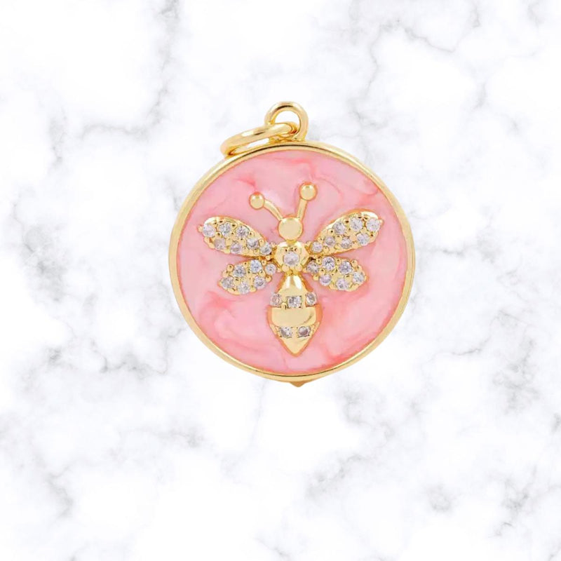 Bee Charm | CZ Bee Medallion Pendant | Shell Enamel Round Charm, Gold Plated