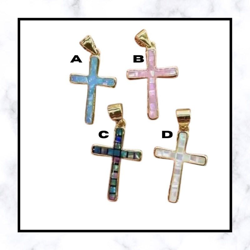 Gold Plated Opal Cross Pendant | Colorful Opal Inlay Cross Charm | Religious Necklace Pendant