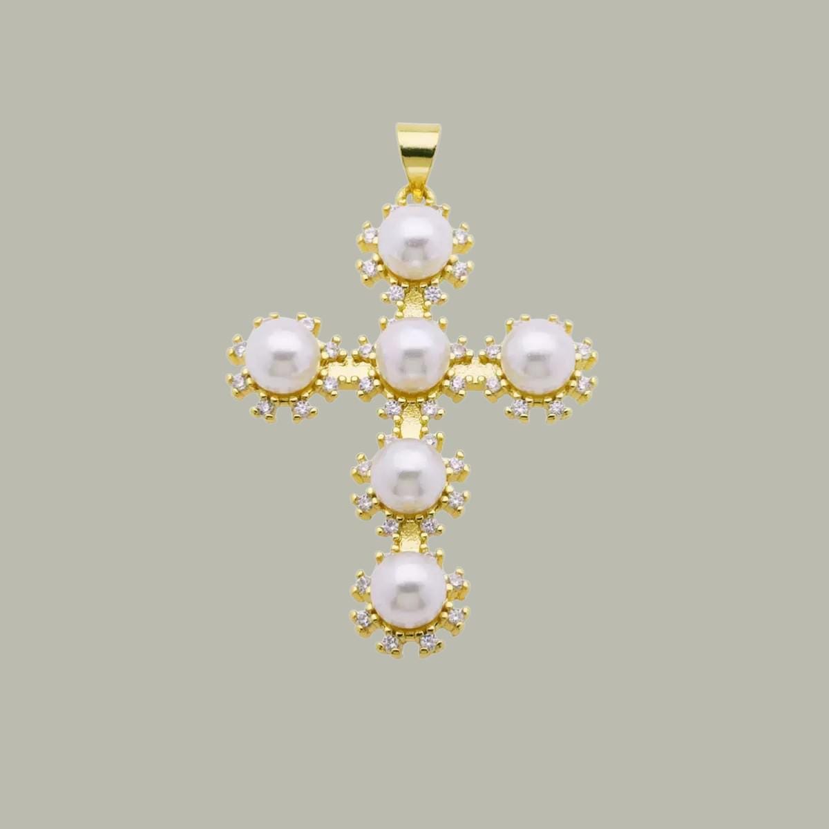 Gold Pearl Cross Pendant Charm, 45mm Statement Cross with CZ Accents