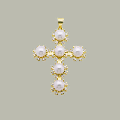 Gold Pearl Cross Pendant Charm, 45mm Statement Cross with CZ Accents
