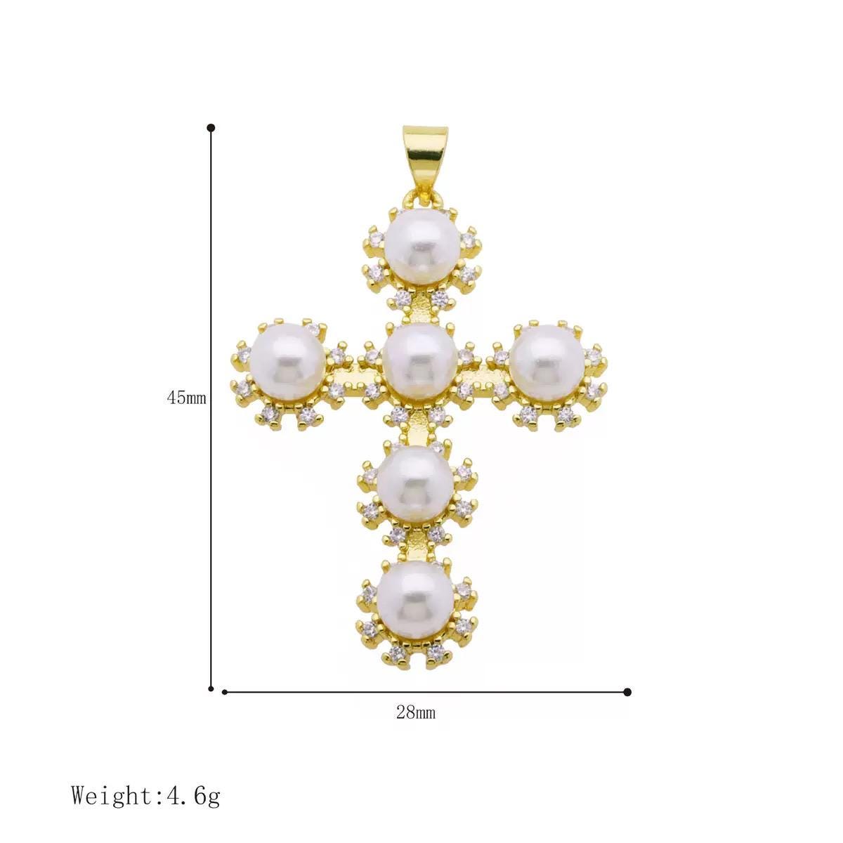 Gold Pearl Cross Pendant Charm, 45mm Statement Cross with CZ Accents