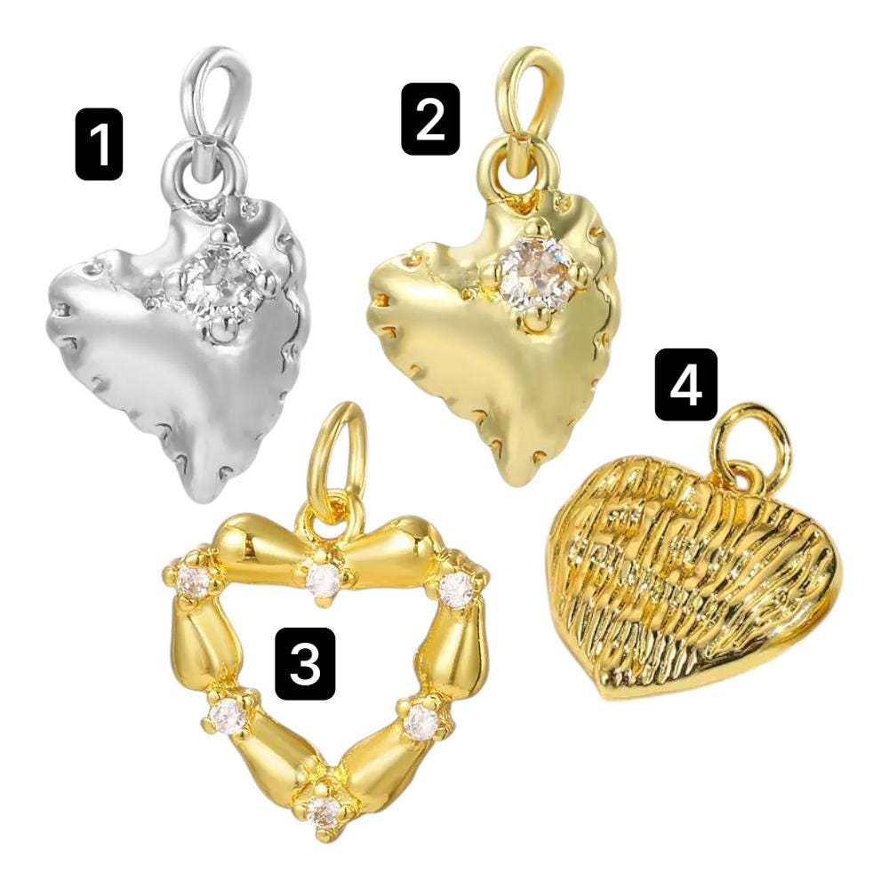 Gold & Silver Heart Charms with CZ | Textured Bow Heart Pendants