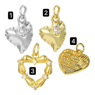 Gold & Silver Heart Charms with CZ | Textured Bow Heart Pendants