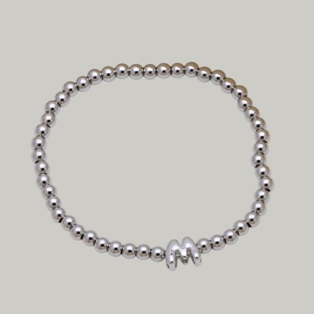 Silver Initial Beaded Bracelet  Stainless Steel Personalized Charm Accessory