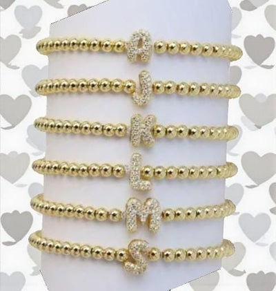 Gold Beaded CZ Initial Bracelet | Personalized Letter Bracelet |