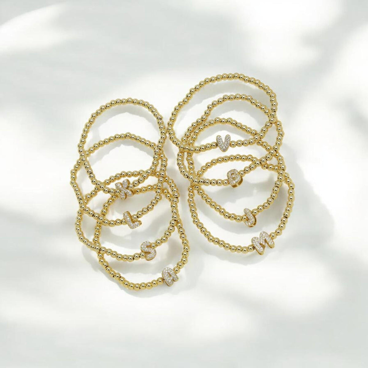 Gold Beaded CZ Initial Bracelet | Personalized Letter Bracelet |