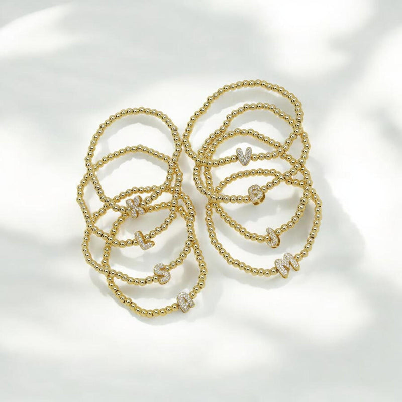 Gold Beaded CZ Initial Bracelet | Personalized Letter Bracelet |