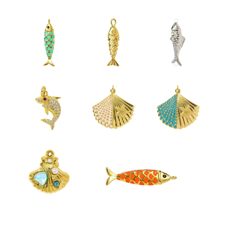 Gold Plated Ocean Charms  Fish, Shell & Shark CZ Enamel Pendants for Bracelets, Necklaces , Keychains