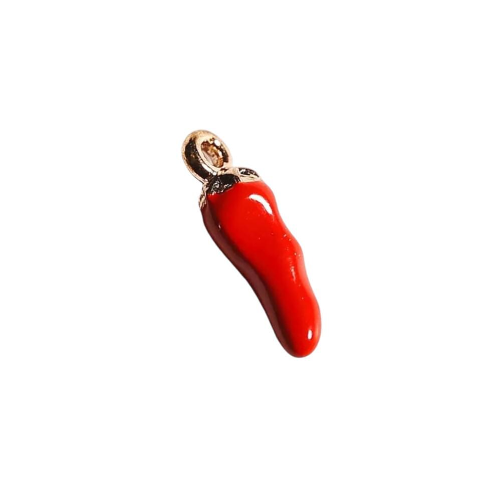 Red Enamel Chili Pepper Charm, Gold Tone Italian Horn Pendant, Lucky Protection Charm