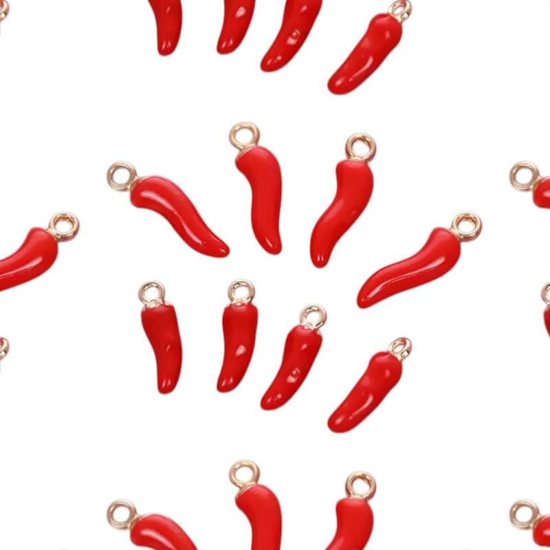 Red Enamel Chili Pepper Charm, Gold Tone Italian Horn Pendant, Lucky Protection Charm