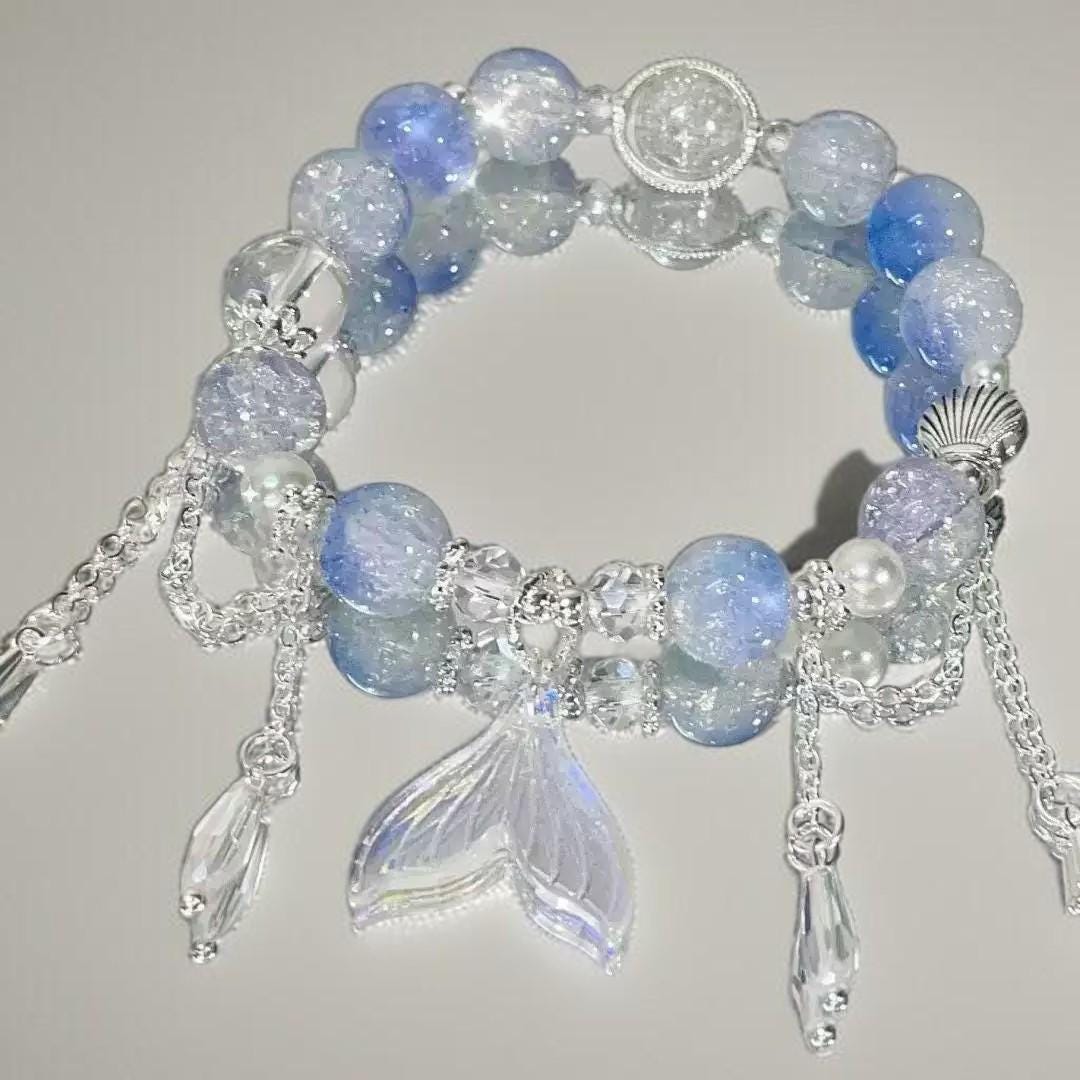 Mermaid Charm Bracelet, Ocean Blue Glass Beads, Silver Dangle Accents