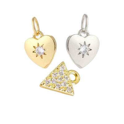Gold & Silver Heart Charm with CZ Starburst, Pave Triangle Charm, Minimalist Dainty Jewelry