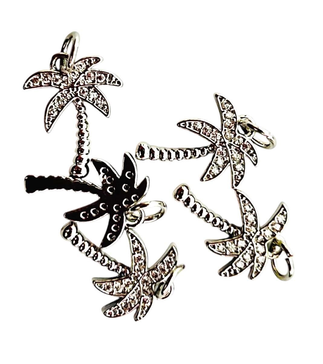 CZ Crescent Moon Charm & Palm Tree Pendant, Gold and Silver Pave Dangle Charms