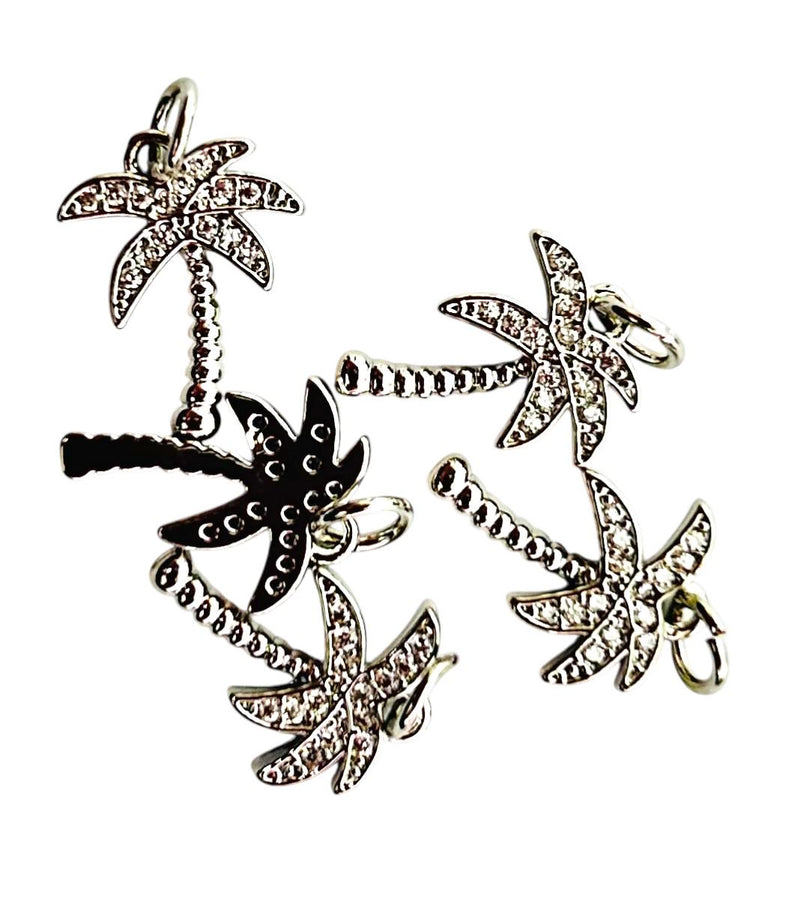 CZ Crescent Moon Charm & Palm Tree Pendant, Gold and Silver Pave Dangle Charms