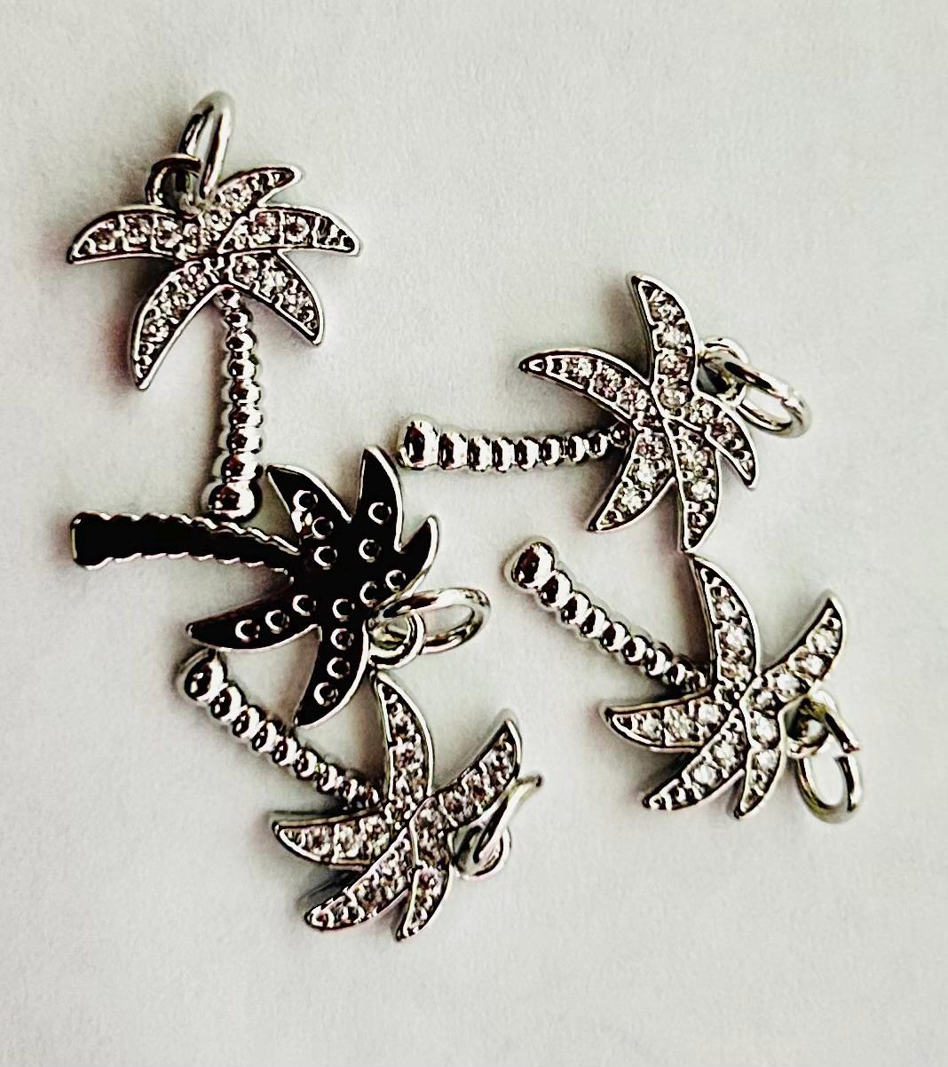 CZ Crescent Moon Charm & Palm Tree Pendant, Gold and Silver Pave Dangle Charms