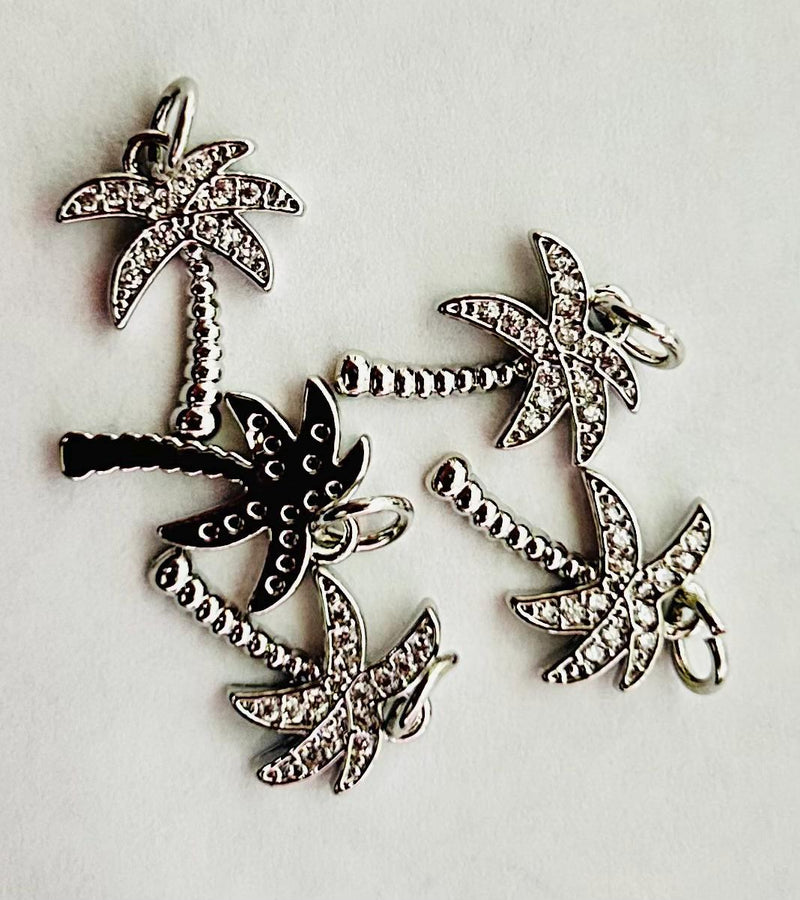 CZ Crescent Moon Charm & Palm Tree Pendant, Gold and Silver Pave Dangle Charms