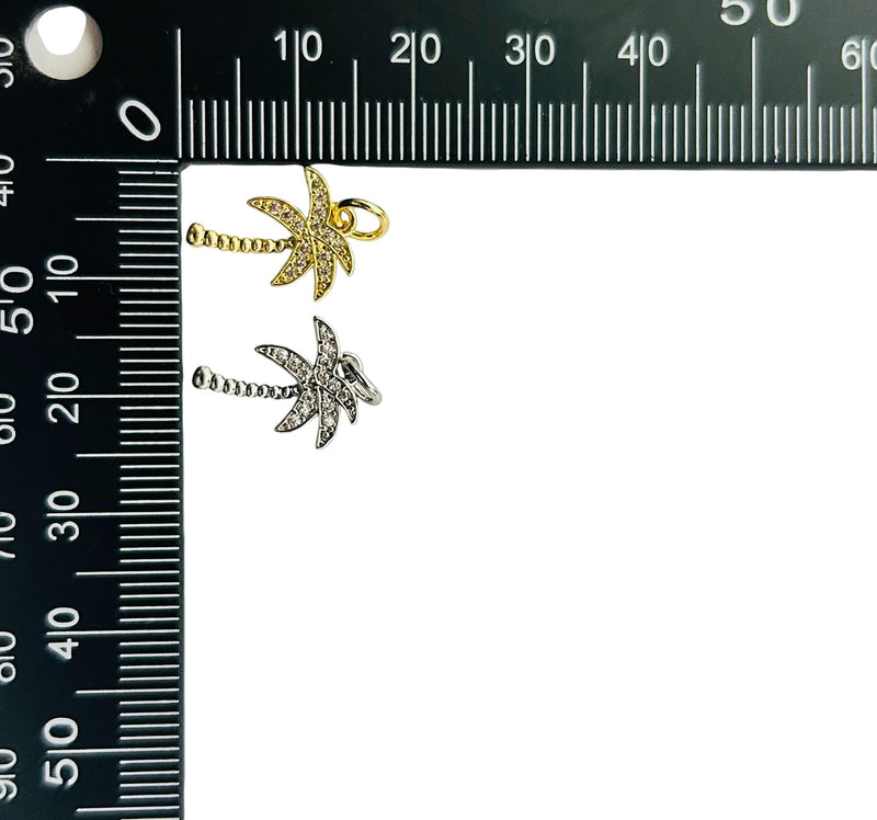 CZ Crescent Moon Charm & Palm Tree Pendant, Gold and Silver Pave Dangle Charms