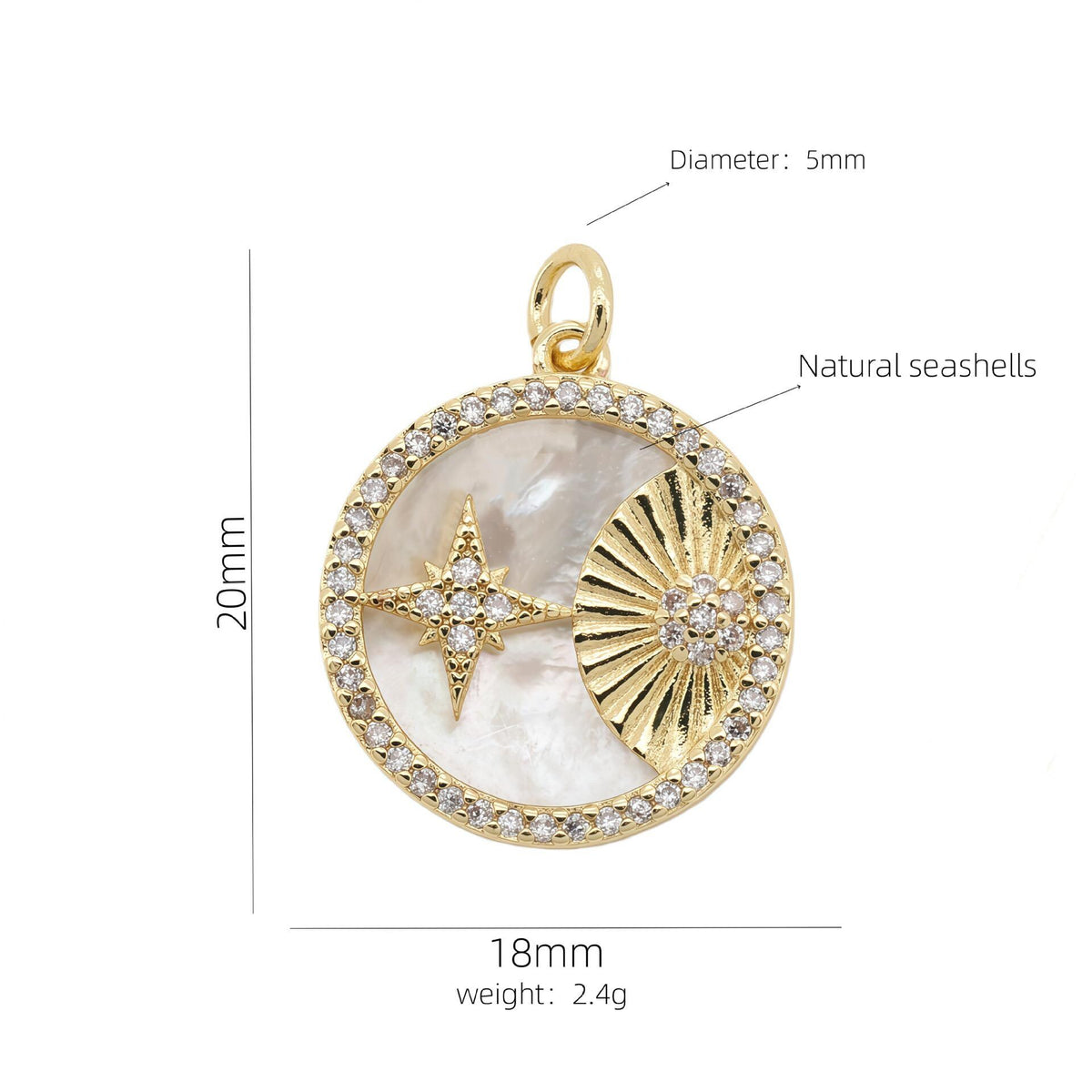 18K Gold Plated Charm, Mother of Pearl, Evil Eye, Celestial Pendant