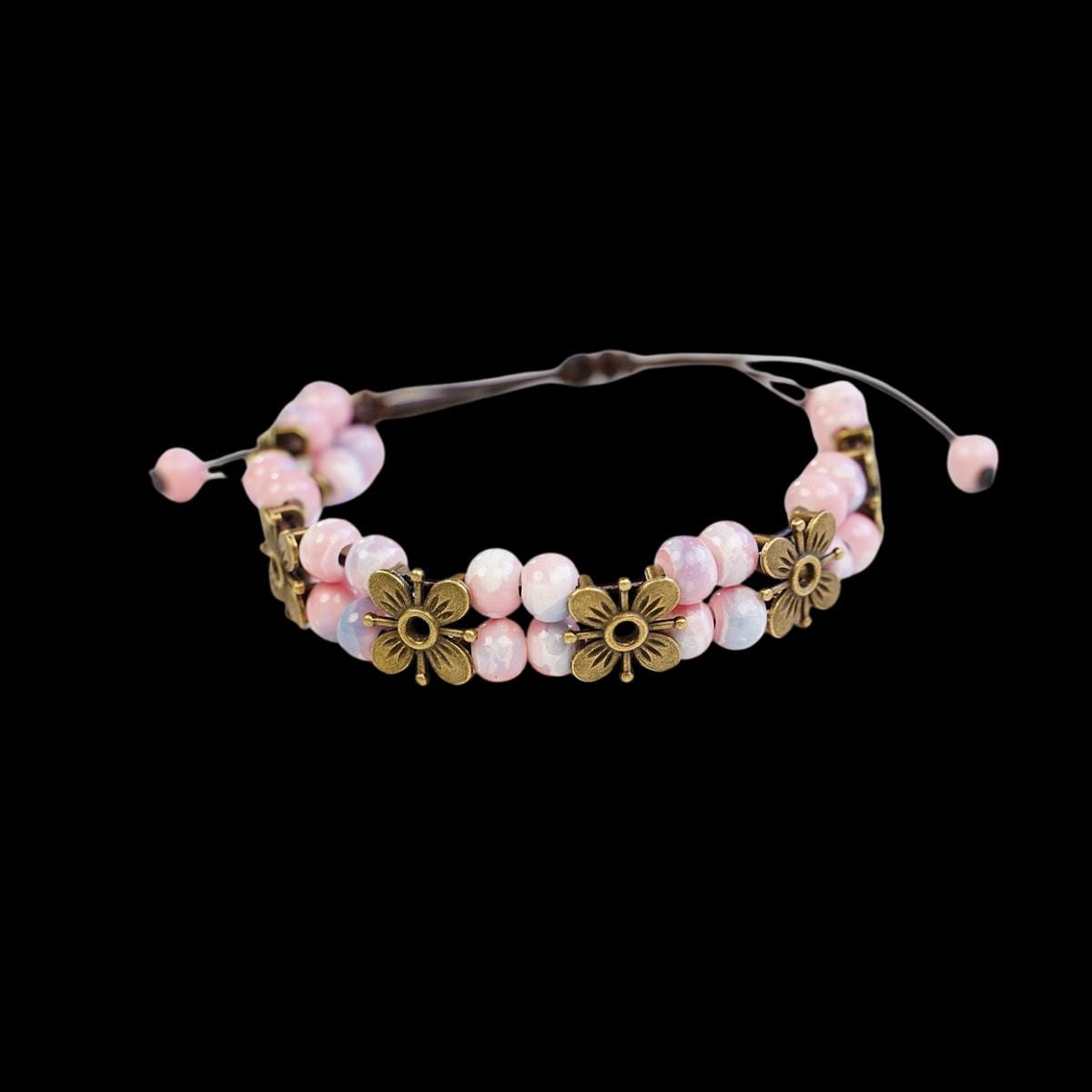 Ceramic Bead Flower Bracelets, Adjustable Boho Bracelets with Antique Gold Floral Charms
