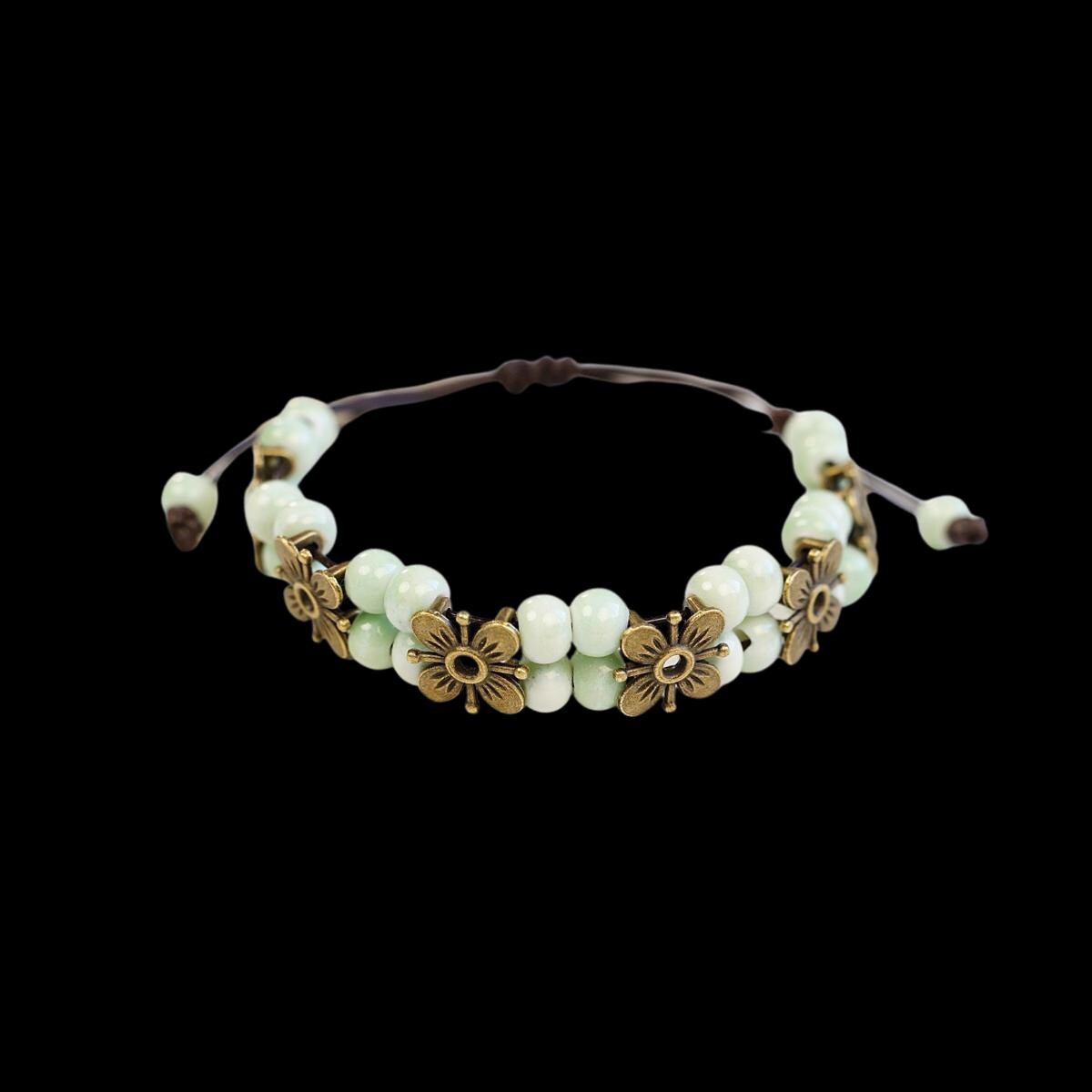 Ceramic Bead Flower Bracelets, Adjustable Boho Bracelets with Antique Gold Floral Charms