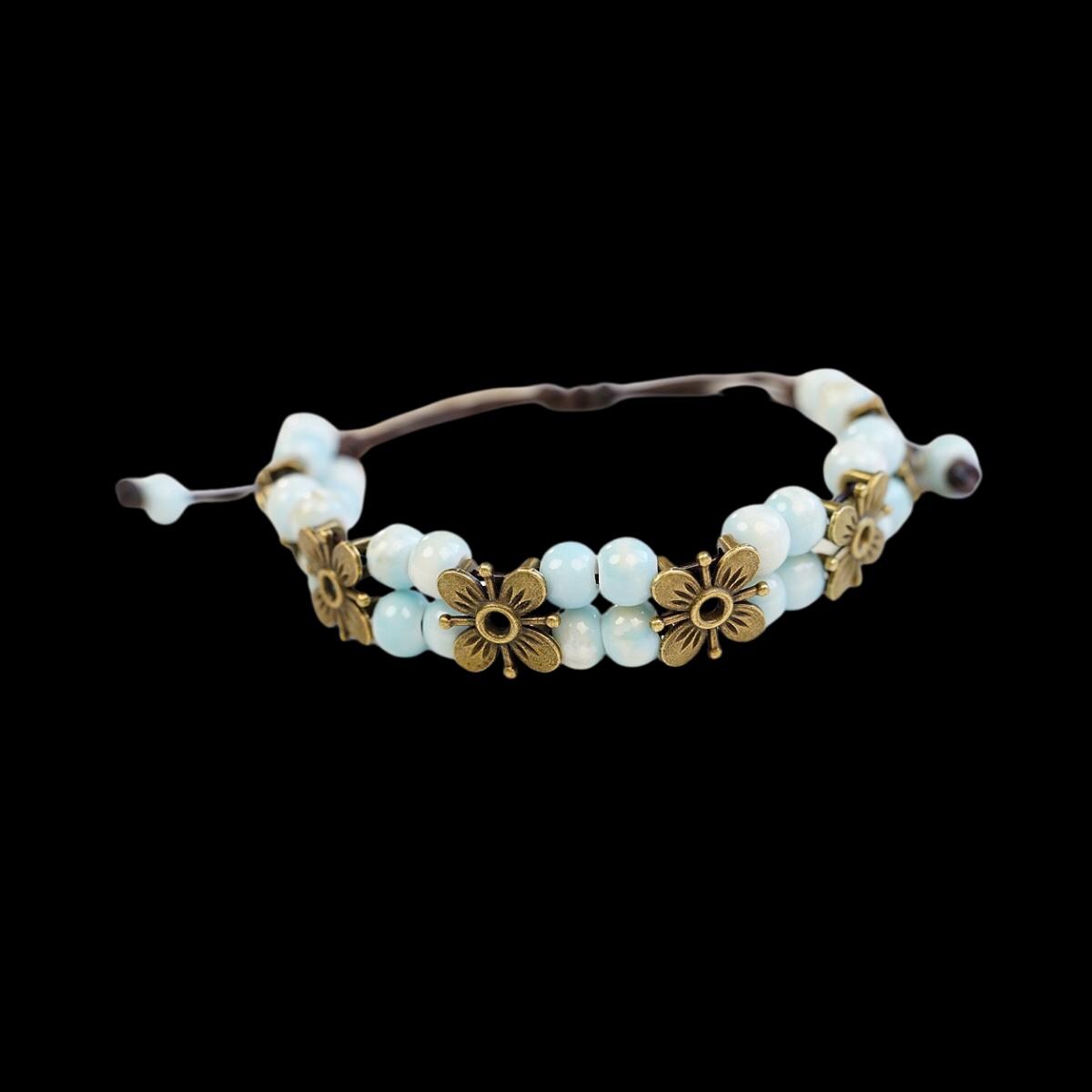 Ceramic Bead Flower Bracelets, Adjustable Boho Bracelets with Antique Gold Floral Charms