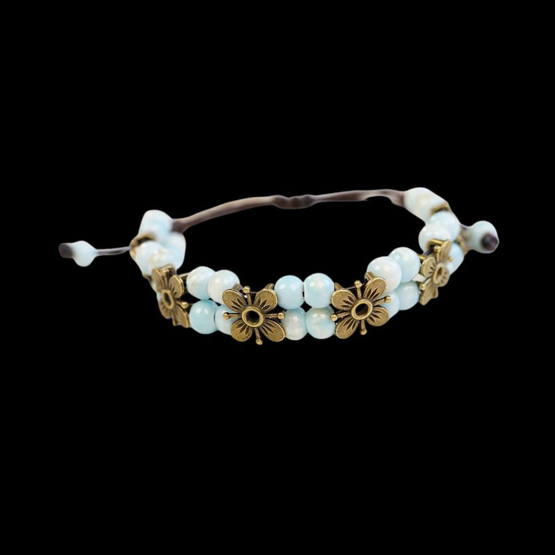 Ceramic Bead Flower Bracelets, Adjustable Boho Bracelets with Antique Gold Floral Charms