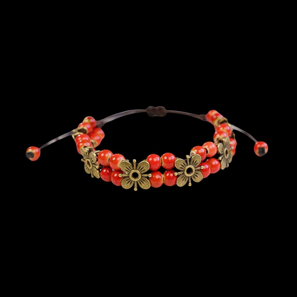 Ceramic Bead Flower Bracelets, Adjustable Boho Bracelets with Antique Gold Floral Charms