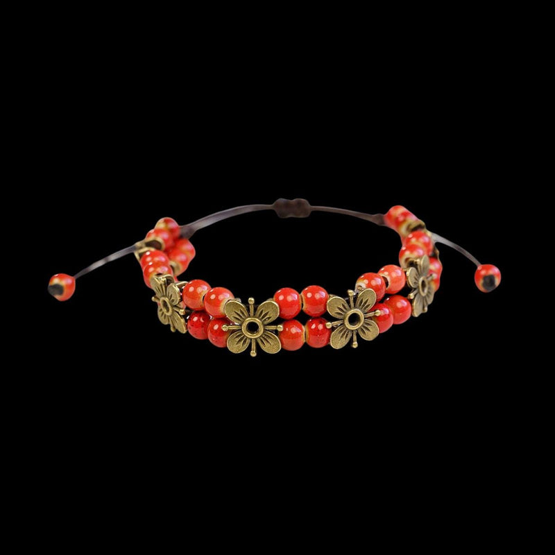 Ceramic Bead Flower Bracelets, Adjustable Boho Bracelets with Antique Gold Floral Charms