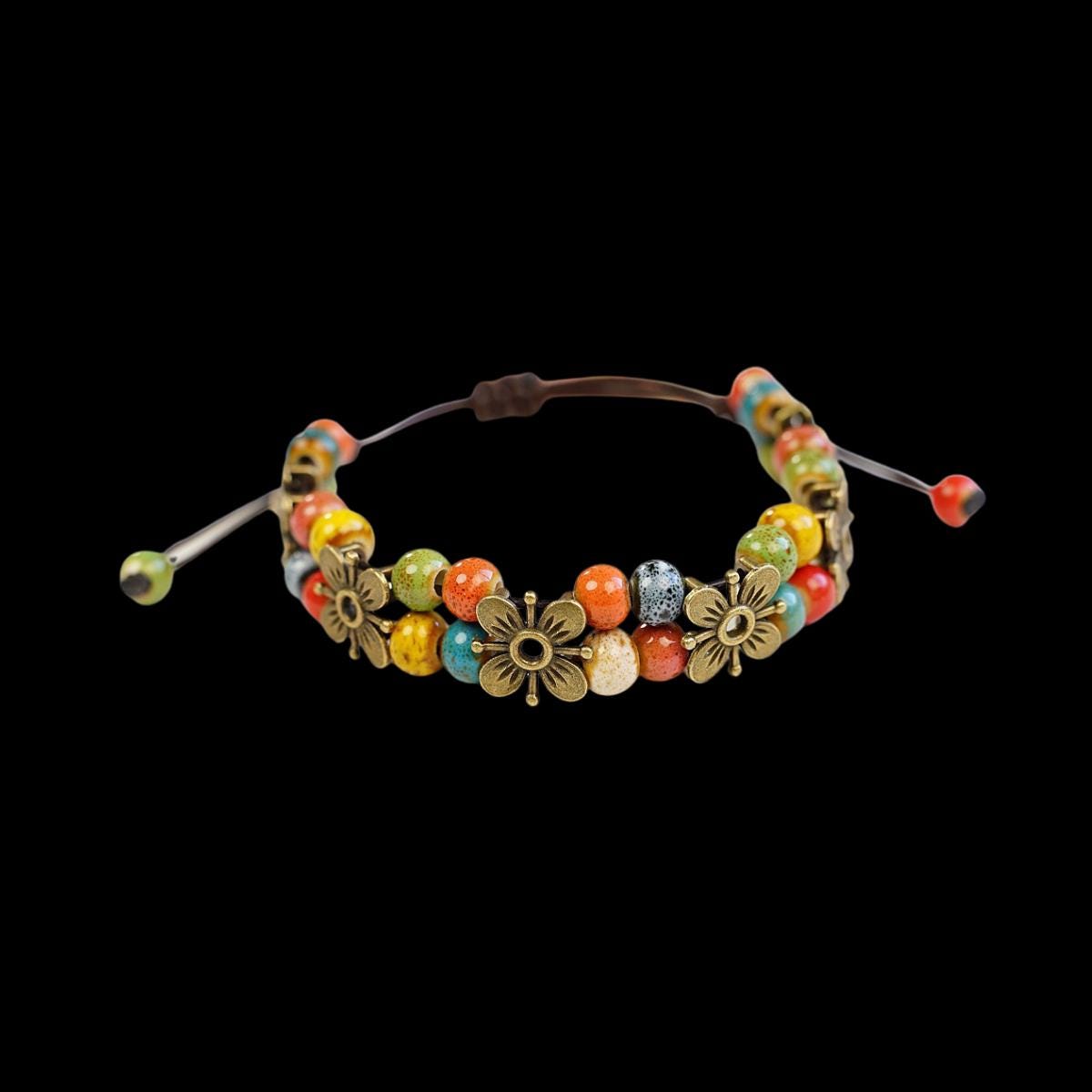 Ceramic Bead Flower Bracelets, Adjustable Boho Bracelets with Antique Gold Floral Charms