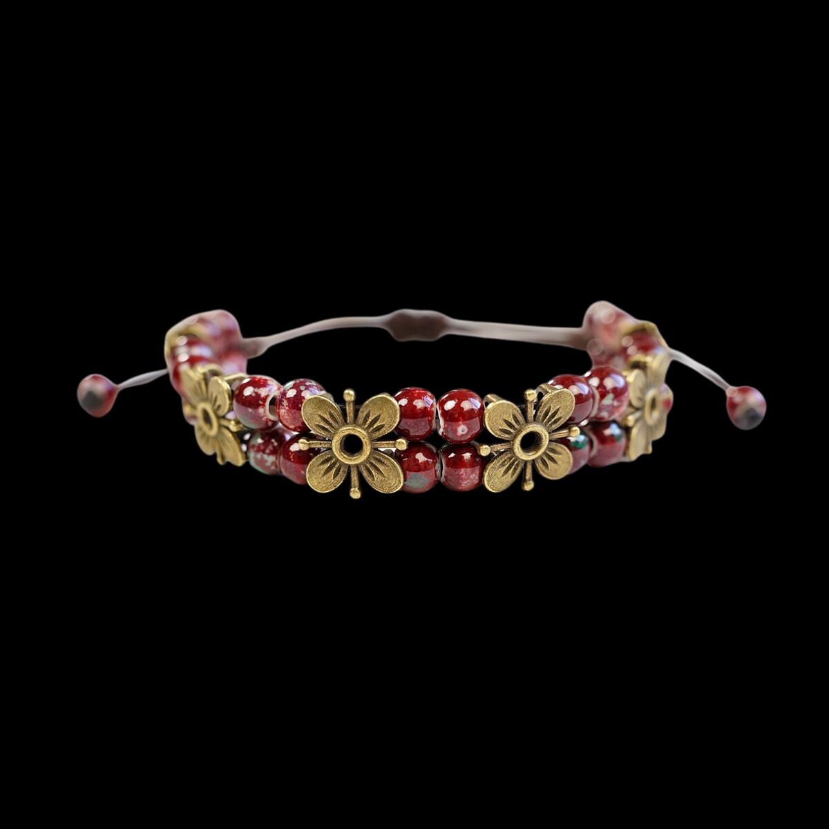 Ceramic Bead Flower Bracelets, Adjustable Boho Bracelets with Antique Gold Floral Charms