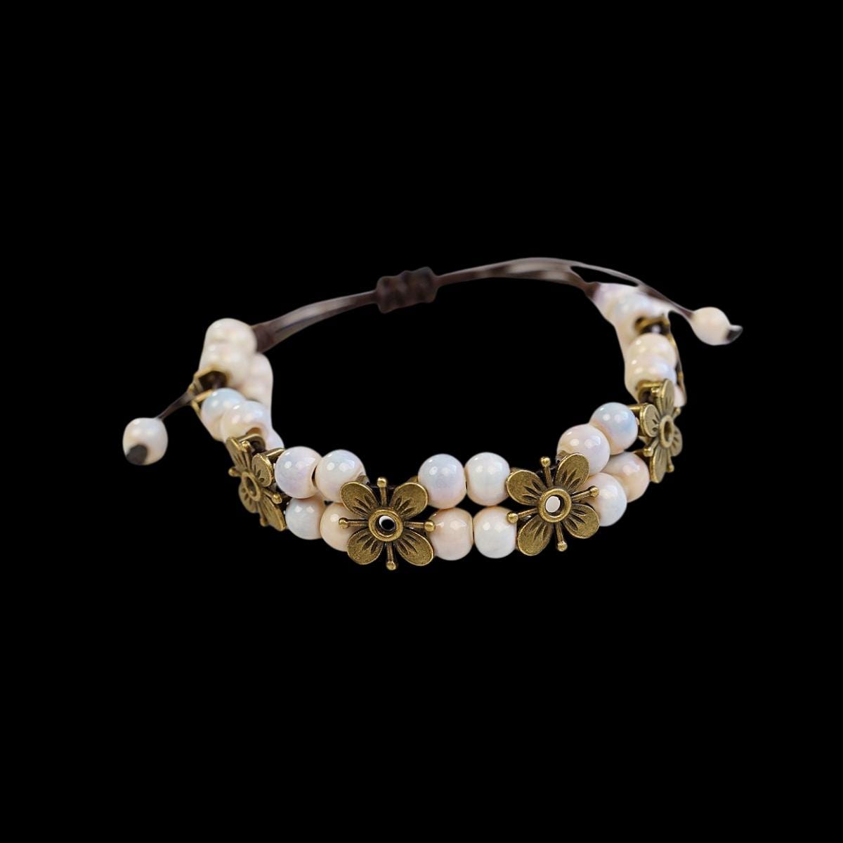 Ceramic Bead Flower Bracelets, Adjustable Boho Bracelets with Antique Gold Floral Charms
