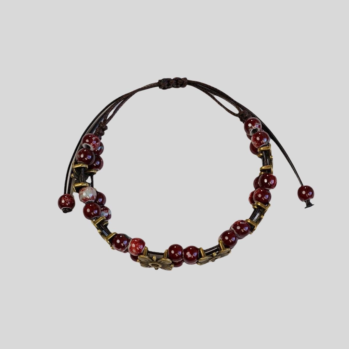 Ceramic Bead Flower Bracelets, Adjustable Boho Bracelets with Antique Gold Floral Charms