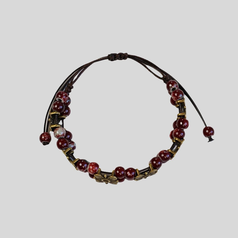 Ceramic Bead Flower Bracelets, Adjustable Boho Bracelets with Antique Gold Floral Charms