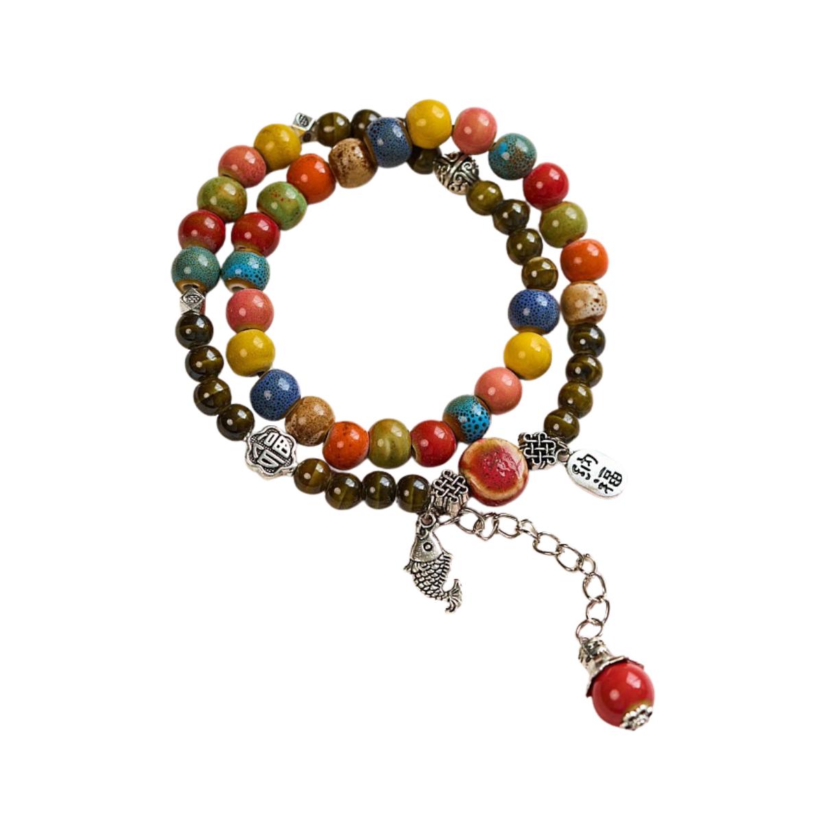 Ceramic Bead Flower Bracelets, Adjustable Boho Bracelets with Antique Gold Floral Charms