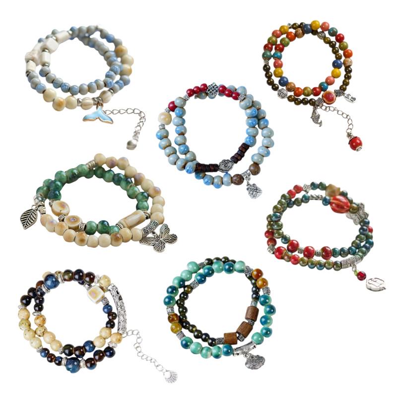 Ceramic Bead Flower Bracelets, Adjustable Boho Bracelets with Antique Gold Floral Charms
