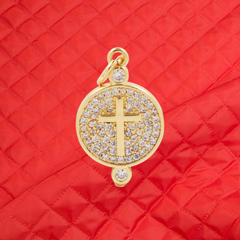 Gold Plated CZ Religious Charm | Cross Bee Sun Medallion Pendant | Sparkling Round Necklace Charm